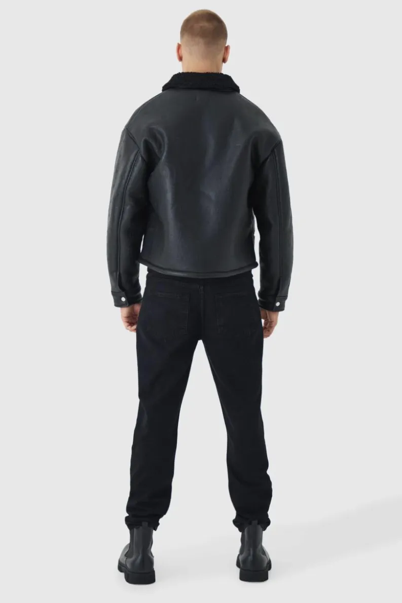 Cheap boohooMAN Bm Embossed Borg Collar Harrington Jacket In black