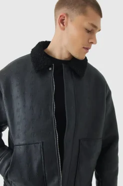 Cheap boohooMAN Bm Embossed Borg Collar Harrington Jacket In black