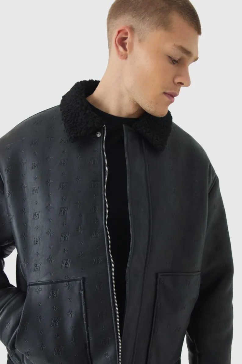 Cheap boohooMAN Bm Embossed Borg Collar Harrington Jacket In black