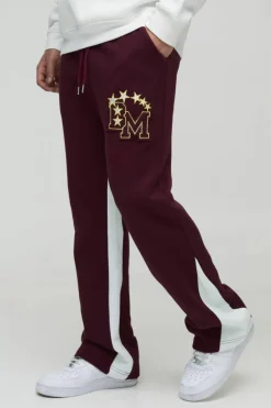 Sale boohooMAN BM Varsity Applique Gusset Jogger burgundy