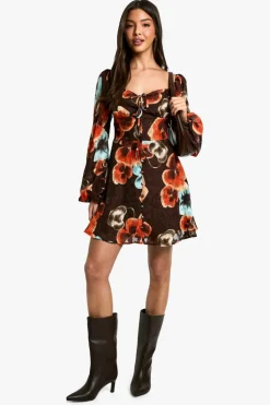 Shop boohoo Boho Floral Blouson Sleeve Skater Dress brown