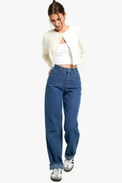 Shop boohoo Basics High Waisted Boyfriend Jeans mid blue