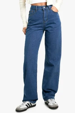 Shop boohoo Basics High Waisted Boyfriend Jeans mid blue