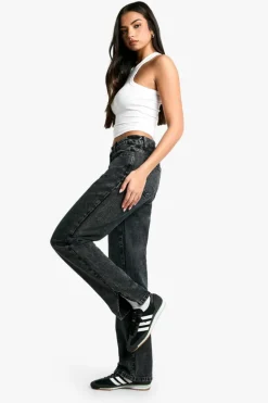 Outlet boohoo Basics High Waisted Split Hem Straight Leg Jeans washed black