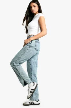 Best Sale boohoo Basics High Waisted Split Hem Straight Leg Jeans light blue