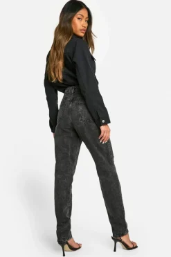 Store boohoo Basics 32 Inch Leg High Waisted Ripped Mom Jeans washed black