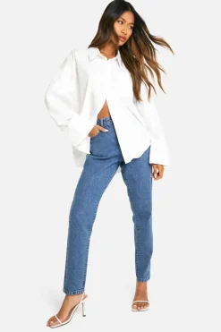 Discount boohoo Basics 32 Inch Leg High Waisted Slim Fit Mom Jeans vintage blue