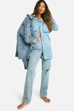 Discount boohoo Basics 32 Inch Leg High Waisted Straight Leg Ripped Knee Jeans washed blue