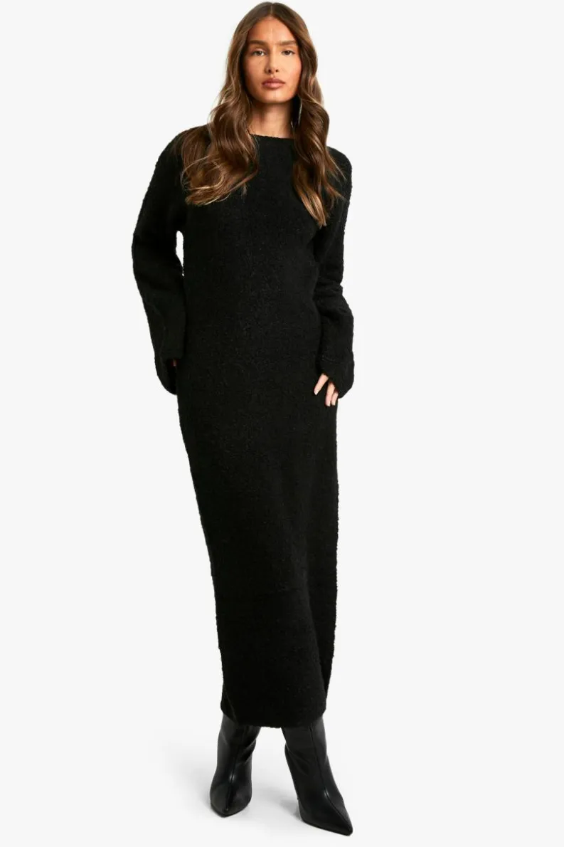 Fashion boohoo Borg Flare Sleeve Knitted Maxi Dress black