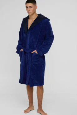 Sale boohooMAN Borg Lined Hooded Dressing Gown navy