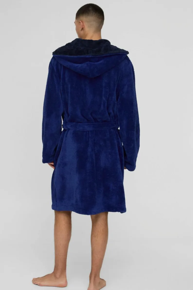 Sale boohooMAN Borg Lined Hooded Dressing Gown navy