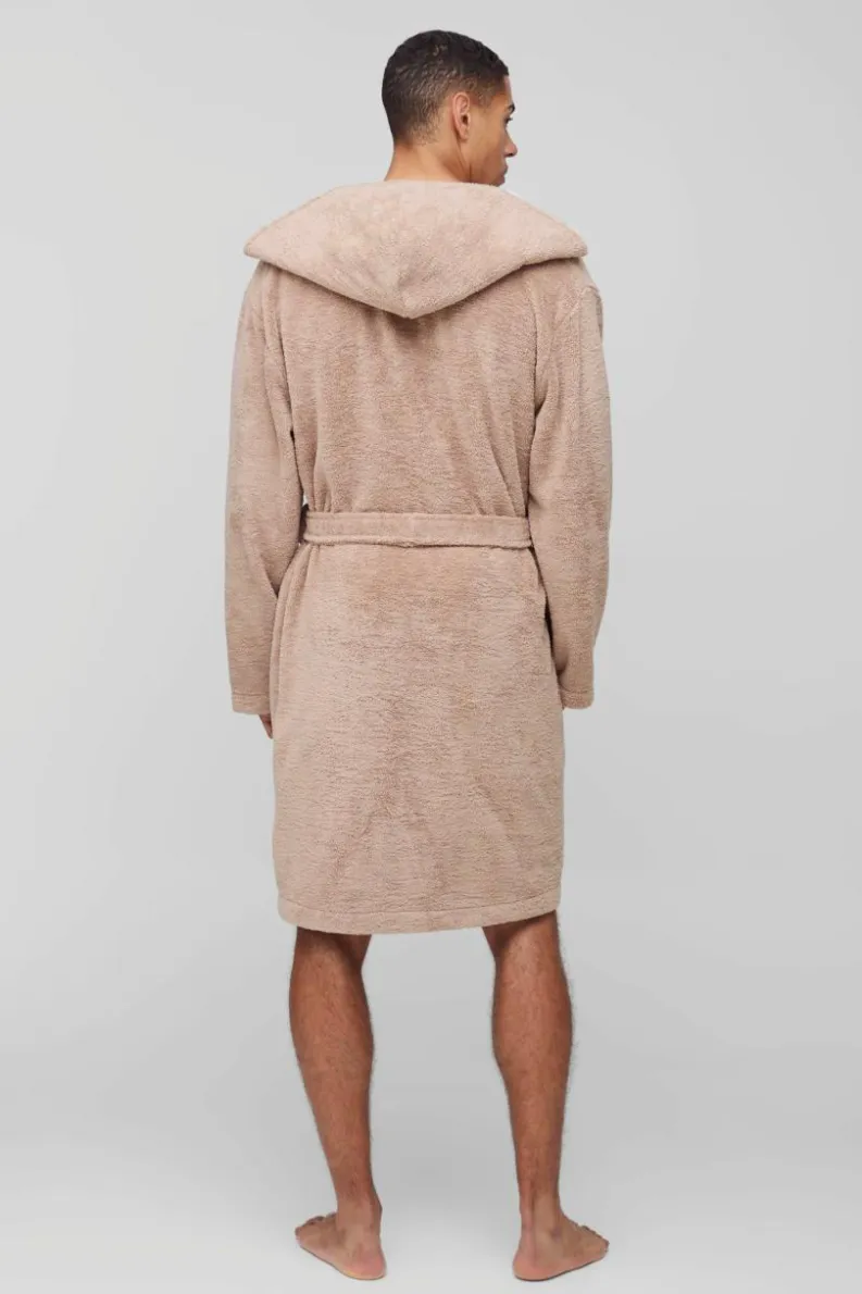 Fashion boohooMAN Borg Lined Hooded Dressing Gown taupe
