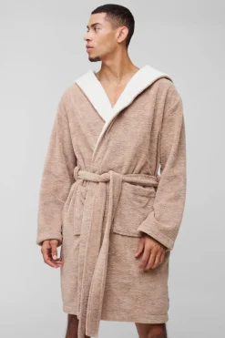 Fashion boohooMAN Borg Lined Hooded Dressing Gown taupe