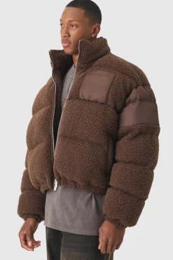 Discount boohooMAN Borg & Nylon Funnel Neck Puffer In chocolate
