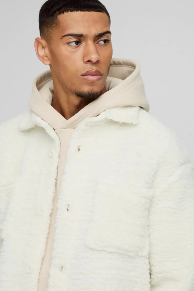 Discount boohooMAN Borg Overshirt in ecru