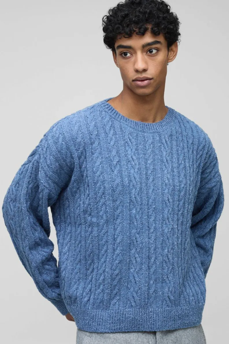Clearance boohooMAN Boucle Cable Knit Boxy Jumper slate blue