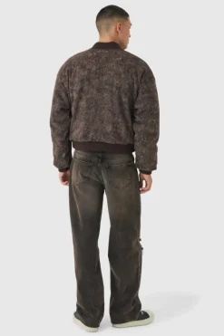 Shop boohooMAN Boxy Acid Wash Bomber Jacket black