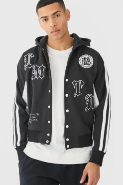 Cheap boohooMAN Boxy Applique Tape Detail Jersey Varsity Jacket black