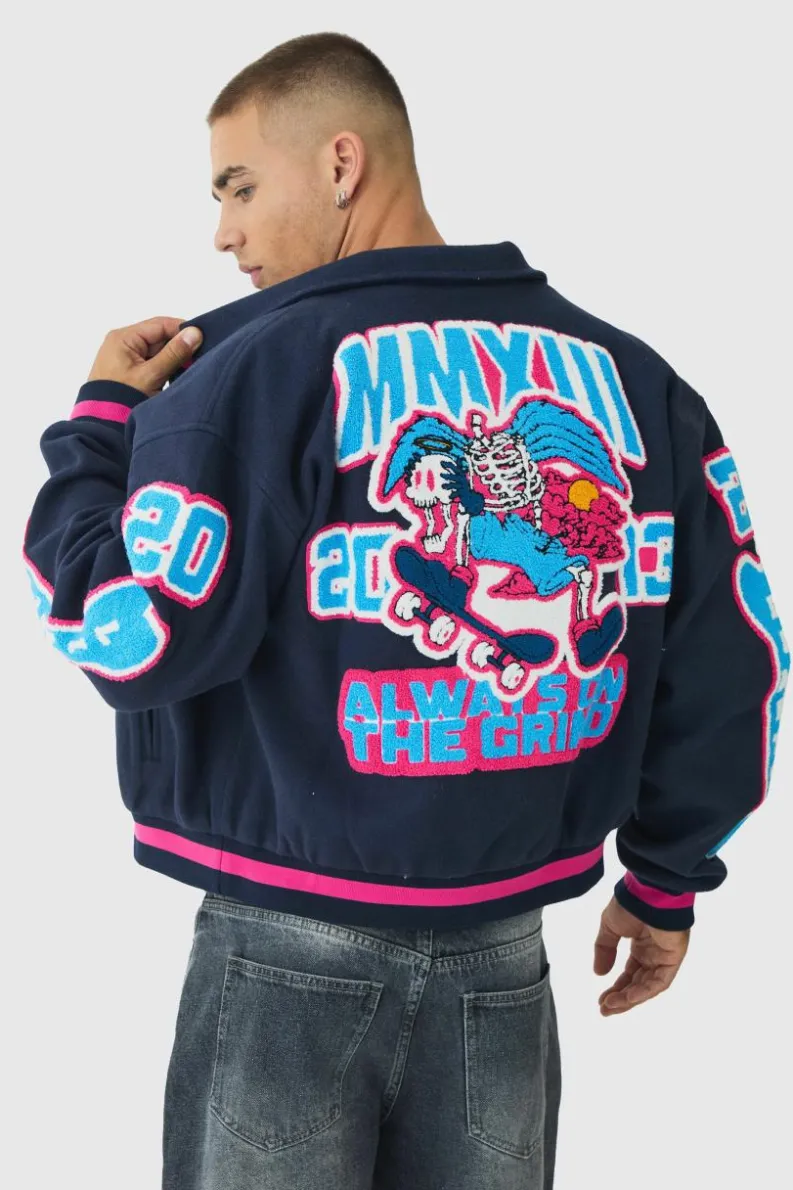Cheap boohooMAN Boxy Badge Collared Varsity Jacket In navy