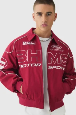 Outlet boohooMAN Boxy Badge Twill Moto Jacket In burgundy