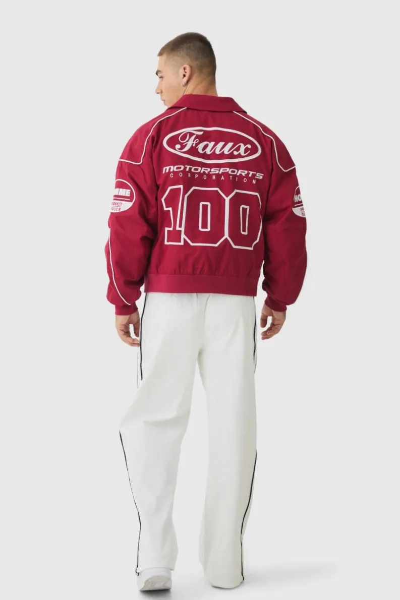 Outlet boohooMAN Boxy Badge Twill Moto Jacket In burgundy