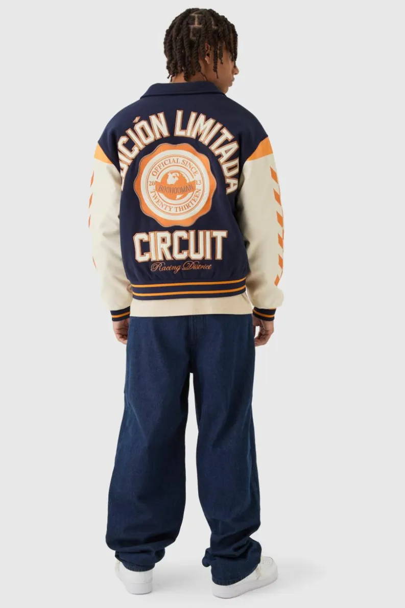Online boohooMAN Boxy BHM Badge Varsity Bomber Jacket navy
