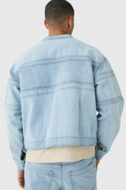 Flash Sale boohooMAN Boxy Biker Moto Embossed Denim Jacket light blue