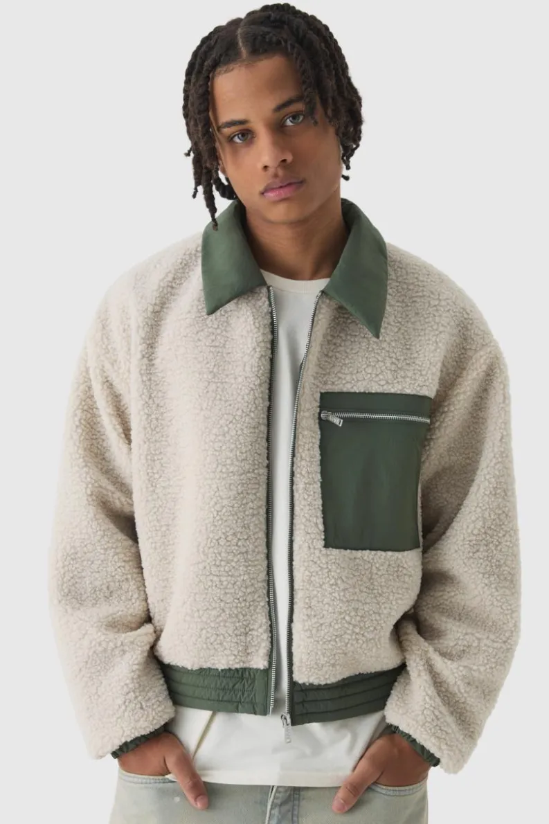 Shop boohooMAN Boxy Borg And Nylon Collared Bomber Jacket In ecru