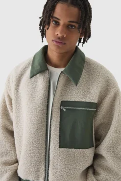 Shop boohooMAN Boxy Borg And Nylon Collared Bomber Jacket In ecru