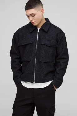 Online boohooMAN Boxy Boucle Borg Trucker Jacket black