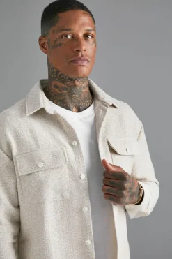 Store boohooMAN Boxy Boucle Heavyweight Overshirt light beige