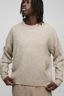 Clearance boohooMAN Boxy Boucle Knit Extended Neck Jumper stone