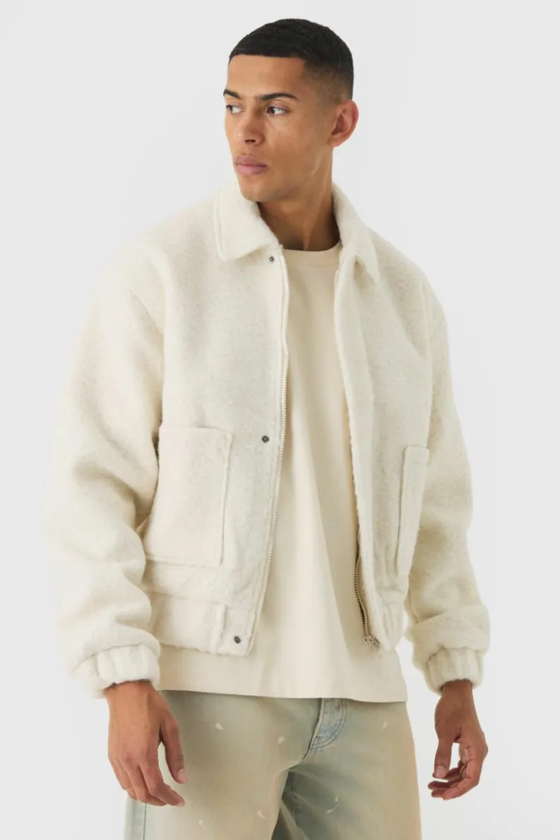Hot boohooMAN Boxy Brushed Boucle Harrington Jacket In ecru