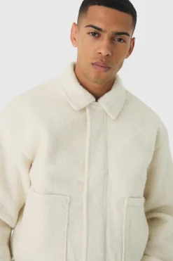 Hot boohooMAN Boxy Brushed Boucle Harrington Jacket In ecru