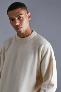 Clearance boohooMAN Boxy Brushed Extended Neck Knitted Jumper ecru