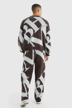 Outlet boohooMAN Boxy Brushed Jacquard Knitted Jumper chocolate