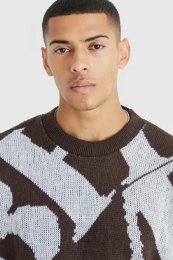 Outlet boohooMAN Boxy Brushed Jacquard Knitted Jumper chocolate