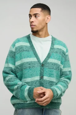 Store boohooMAN Boxy Brushed Stripe Knitted Cardigan green