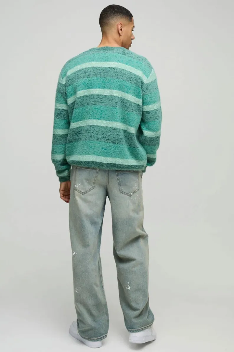 Store boohooMAN Boxy Brushed Stripe Knitted Cardigan green