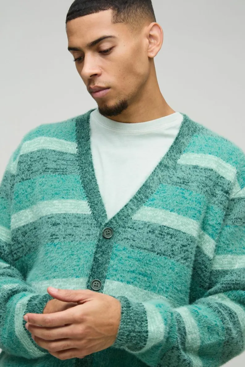 Store boohooMAN Boxy Brushed Stripe Knitted Cardigan green
