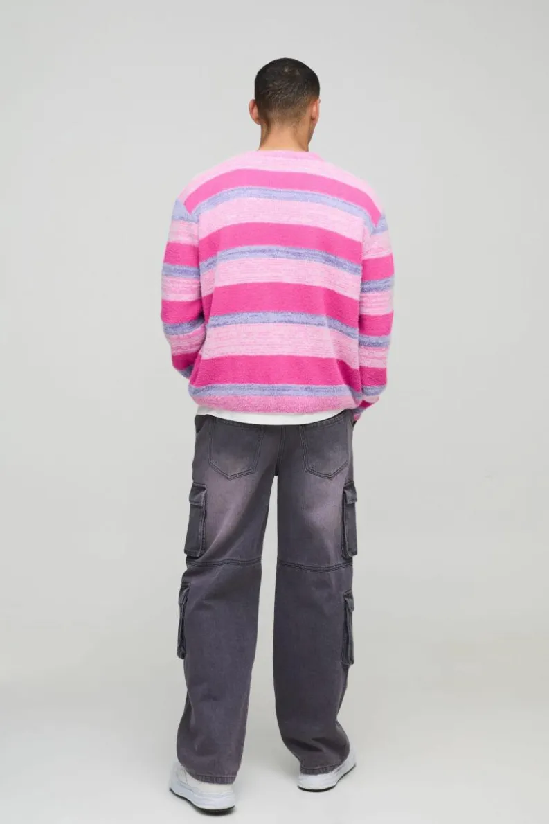Cheap boohooMAN Boxy Brushed Stripe Knitted Cardigan pink