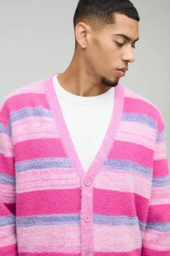 Cheap boohooMAN Boxy Brushed Stripe Knitted Cardigan pink