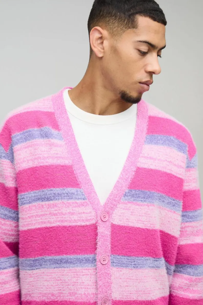 Cheap boohooMAN Boxy Brushed Stripe Knitted Cardigan pink