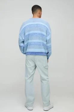 Hot boohooMAN Boxy Brushed Stripe Knitted Jumper blue