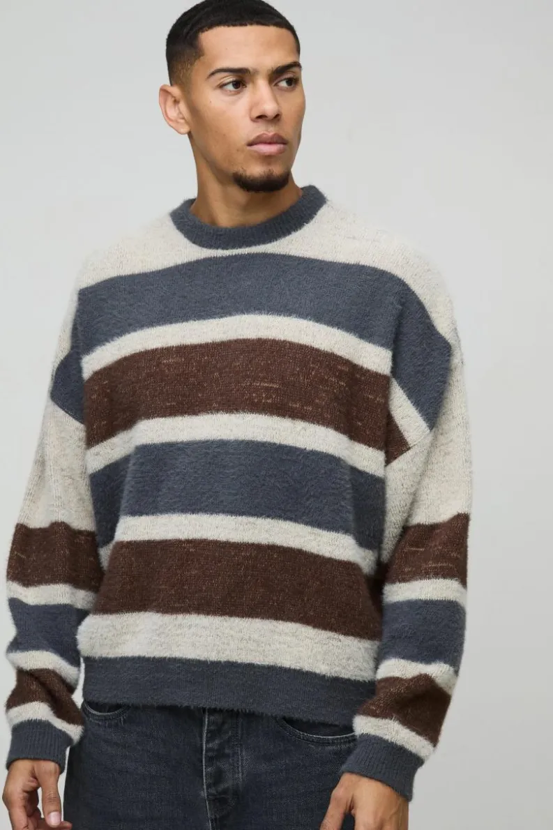Hot boohooMAN Boxy Brushed Stripe Knitted Jumper blue