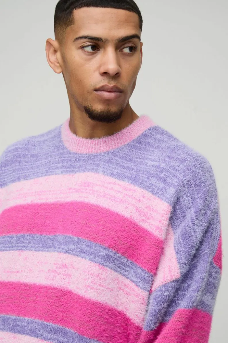 Online boohooMAN Boxy Brushed Stripe Knitted Jumper pink