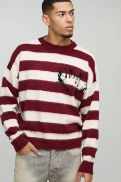 Best boohooMAN Boxy Brushed Stripe Print Knitted Jumper burgundy