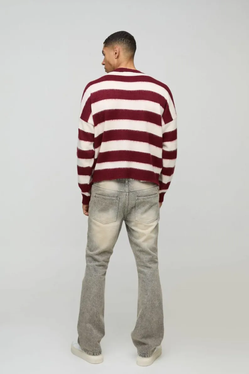 Best boohooMAN Boxy Brushed Stripe Print Knitted Jumper burgundy