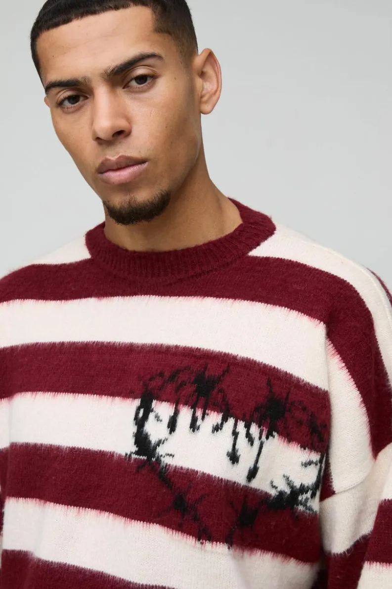 Best boohooMAN Boxy Brushed Stripe Print Knitted Jumper burgundy
