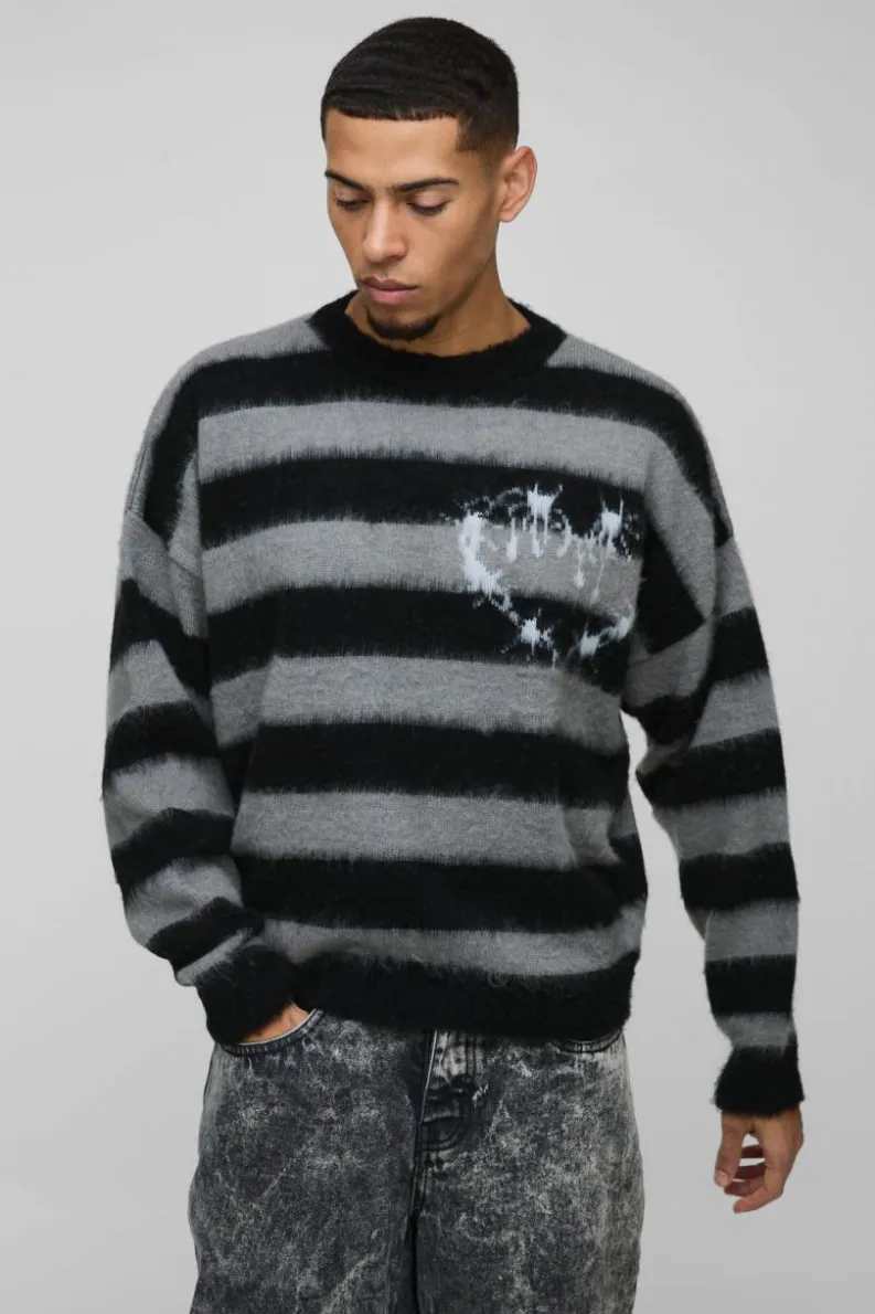 Store boohooMAN Boxy Brushed Stripe Print Knitted Jumper black